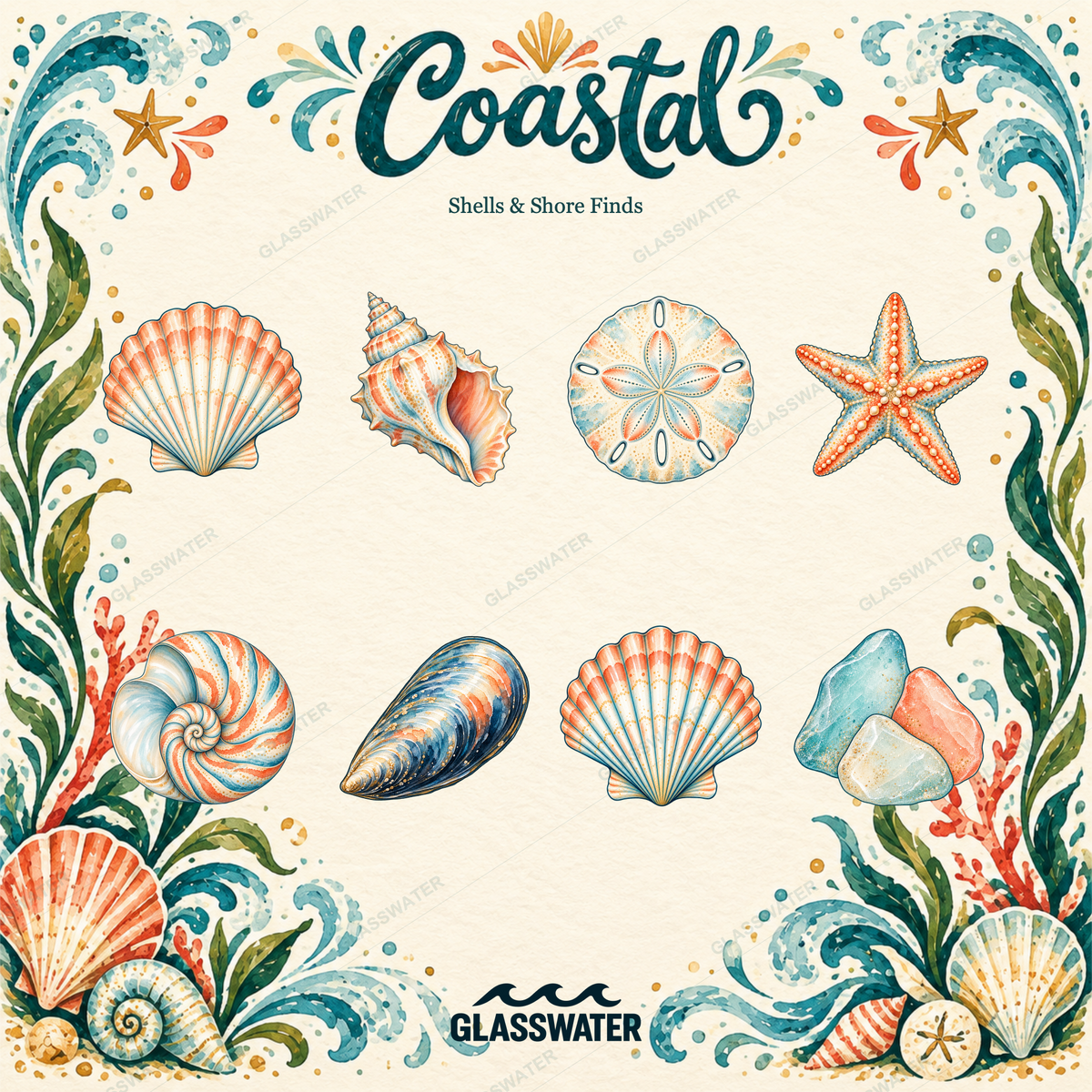 Watercolor Coastal Clipart Bundle — 80 Seaside Illustrations, Borders & Frames