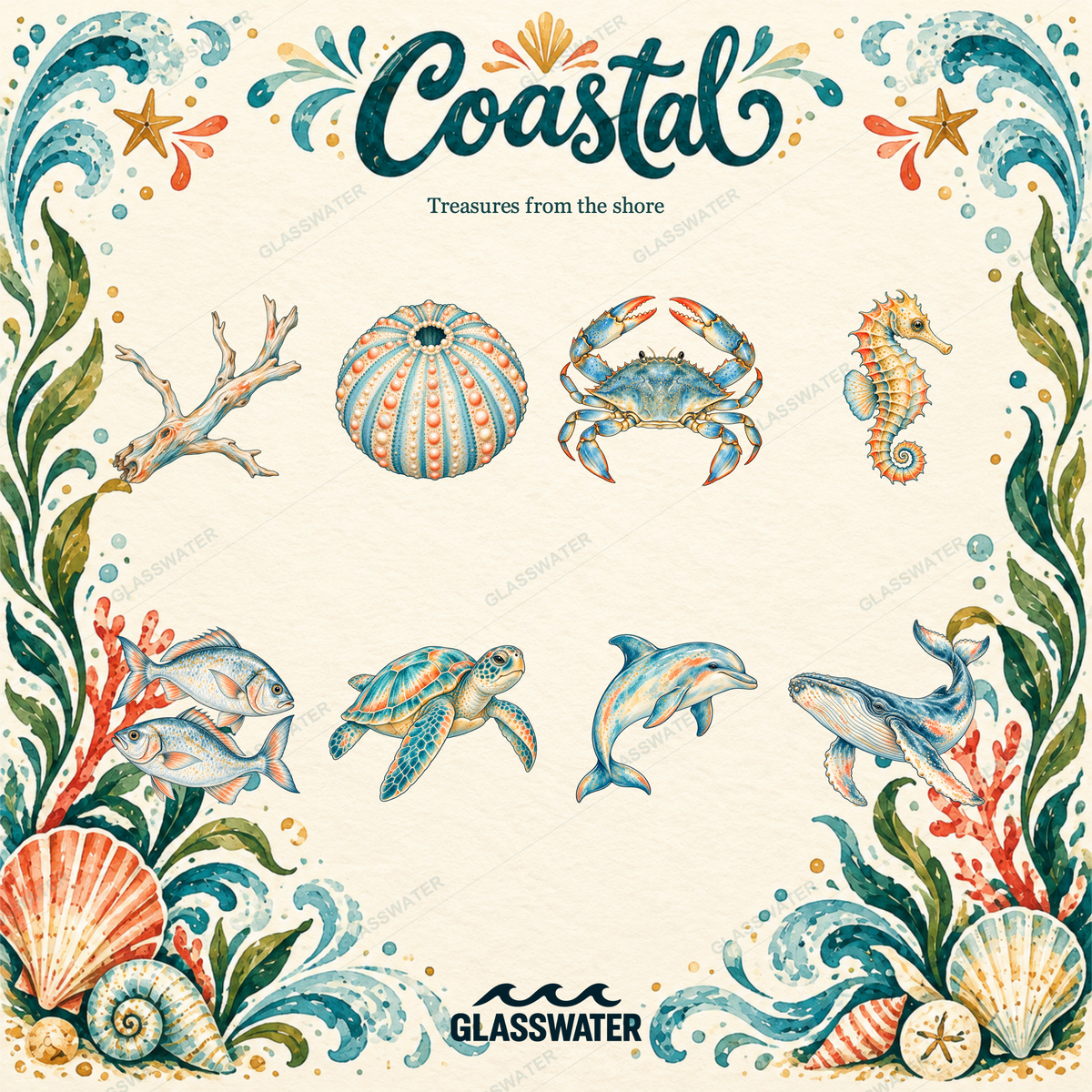 Watercolor Coastal Clipart Bundle — 80 Seaside Illustrations, Borders & Frames
