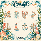Watercolor Coastal Clipart Bundle — 80 Seaside Illustrations, Borders & Frames