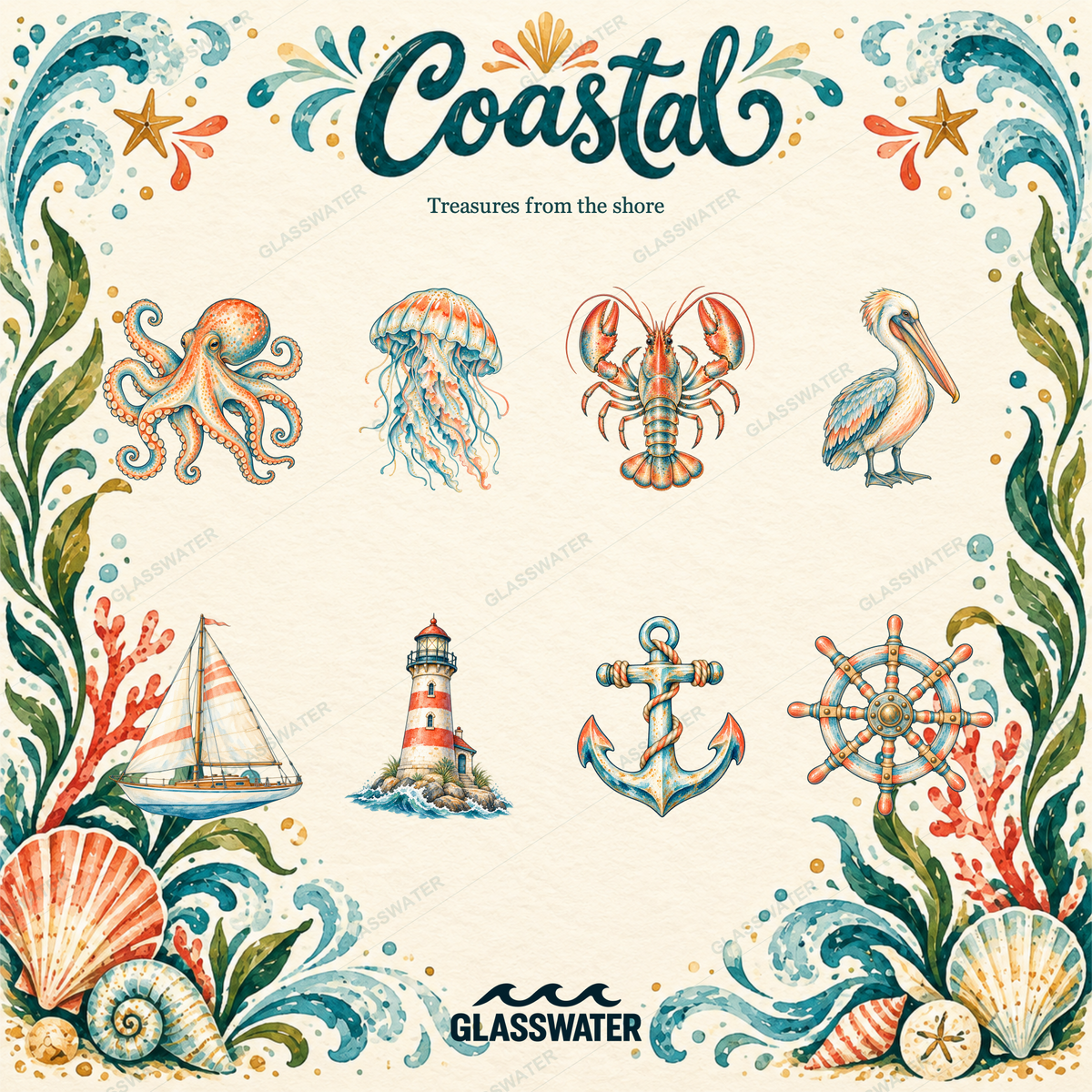 Watercolor Coastal Clipart Bundle — 80 Seaside Illustrations, Borders & Frames