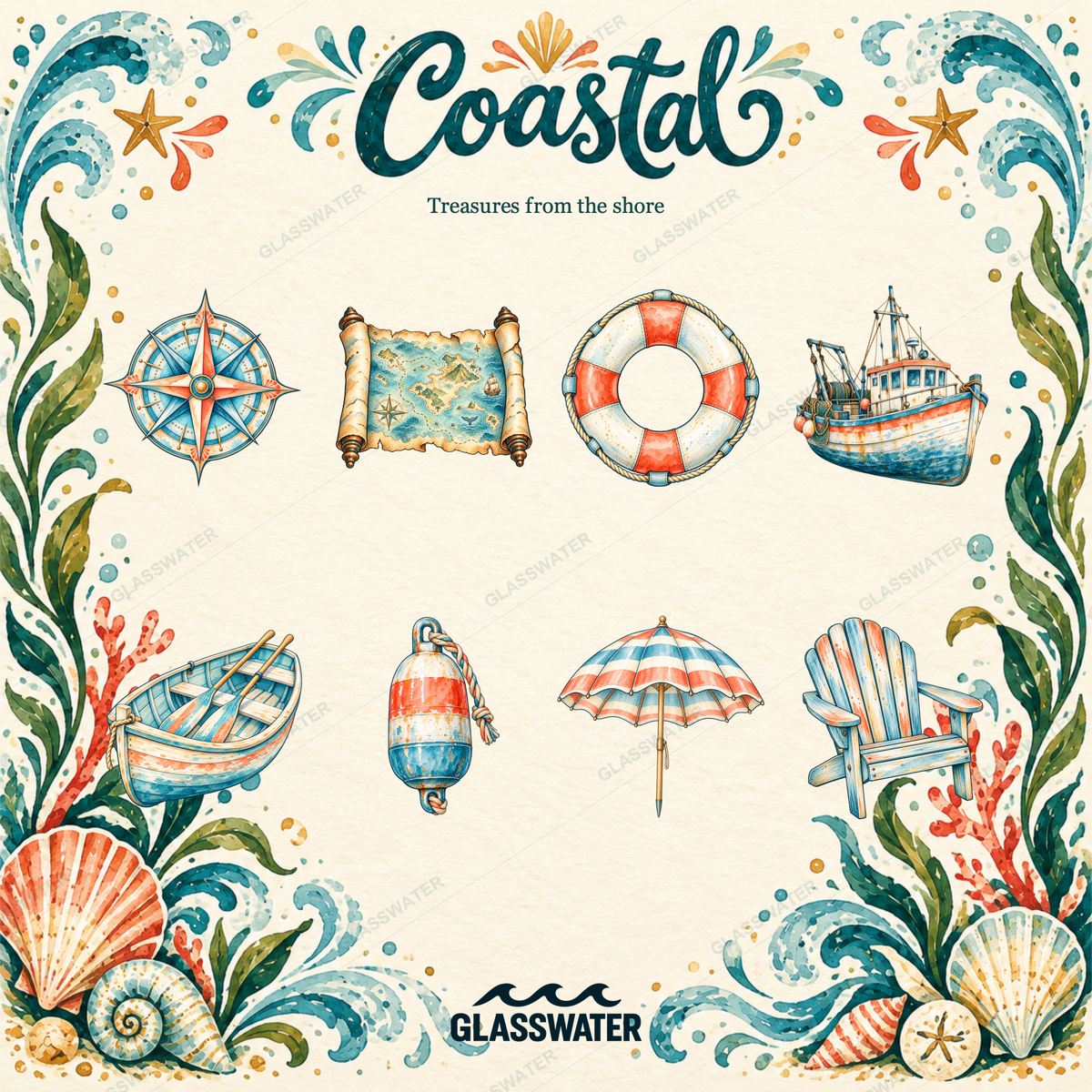 Watercolor Coastal Clipart Bundle — 80 Seaside Illustrations, Borders & Frames