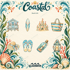 Watercolor Coastal Clipart Bundle — 80 Seaside Illustrations, Borders & Frames