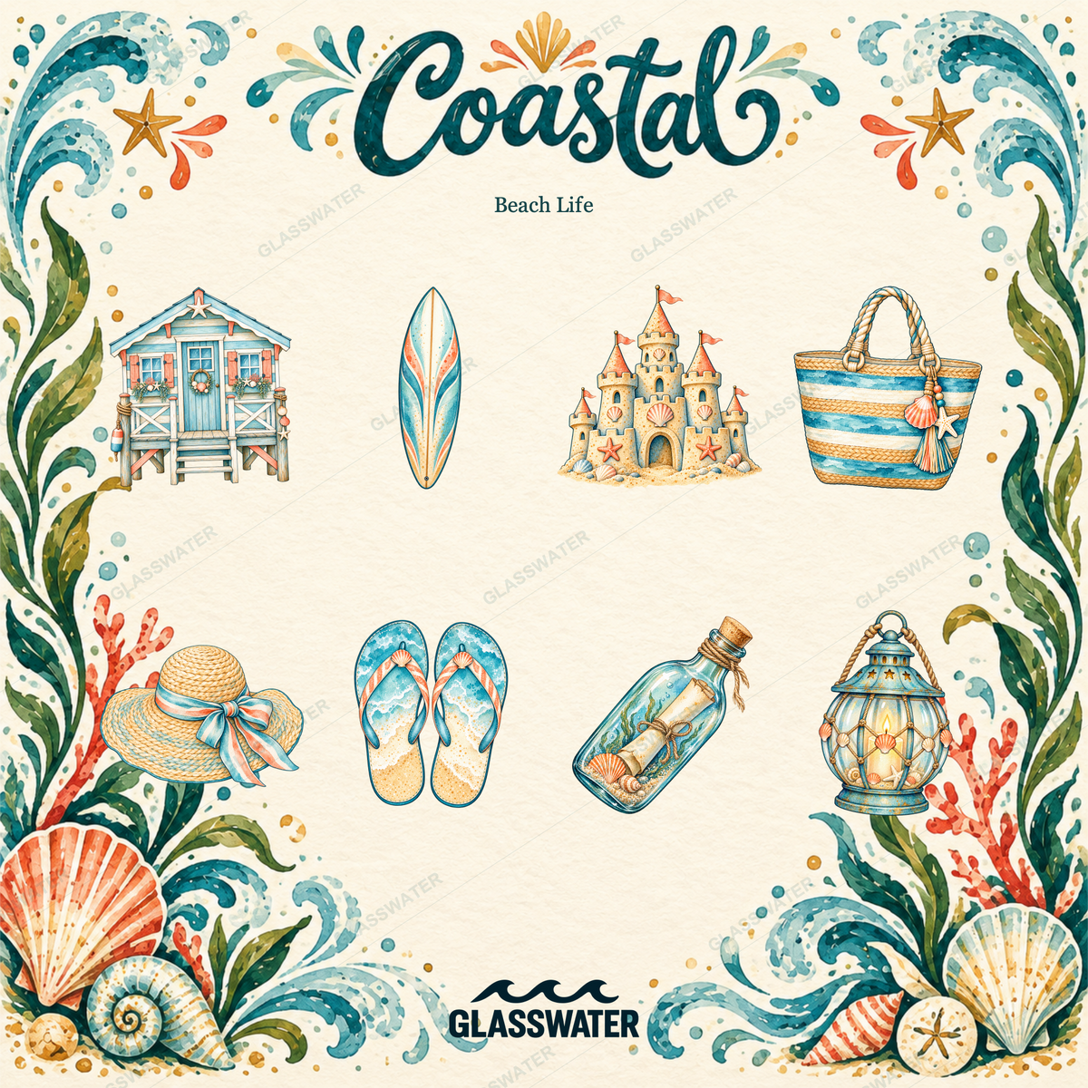 Watercolor Coastal Clipart Bundle — 80 Seaside Illustrations, Borders & Frames