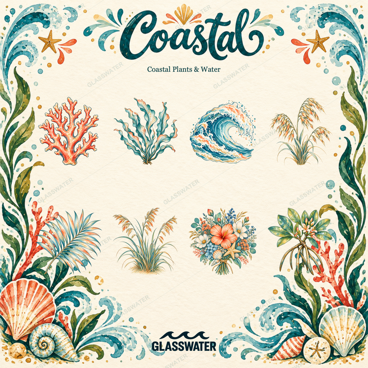 Watercolor Coastal Clipart Bundle — 80 Seaside Illustrations, Borders & Frames