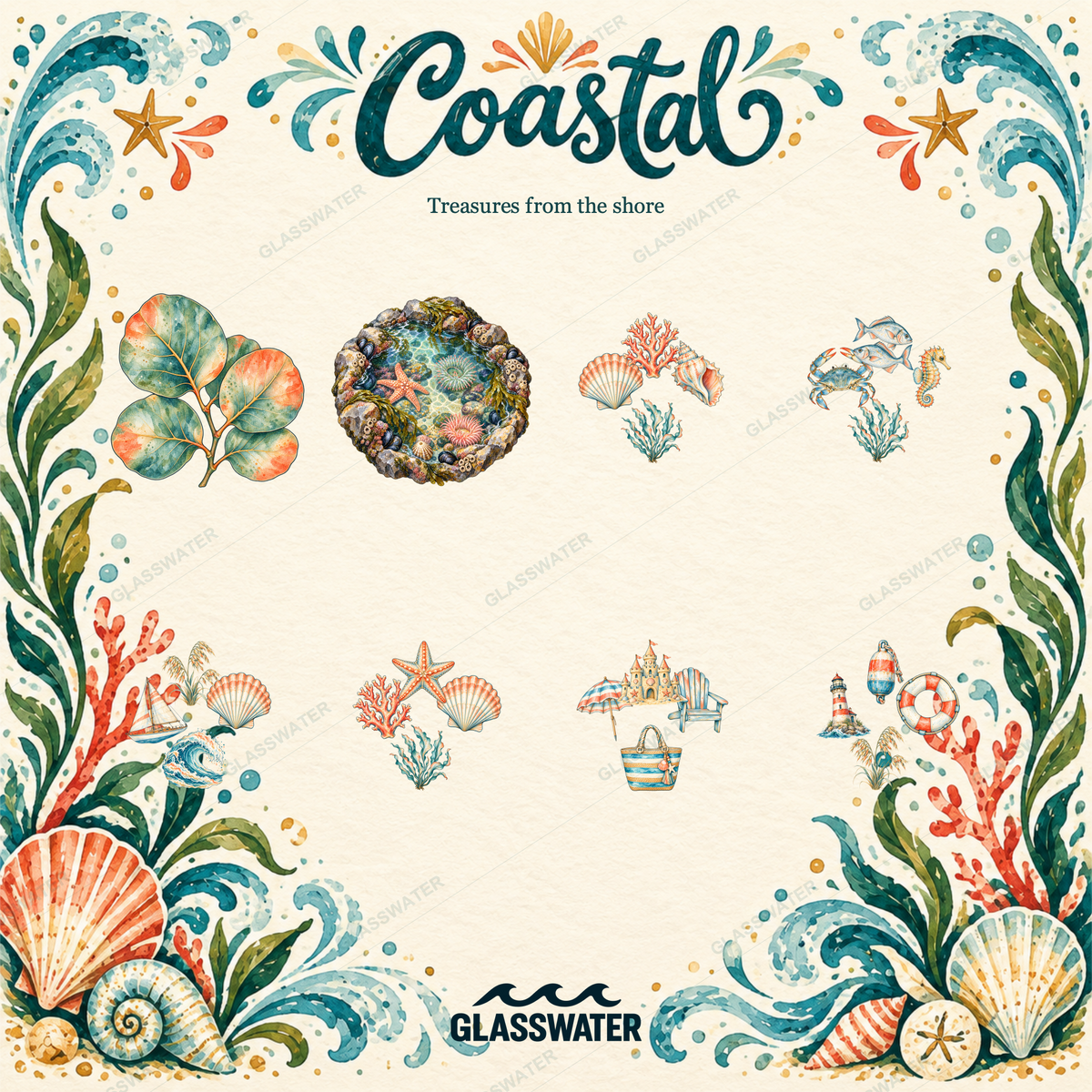 Watercolor Coastal Clipart Bundle — 80 Seaside Illustrations, Borders & Frames