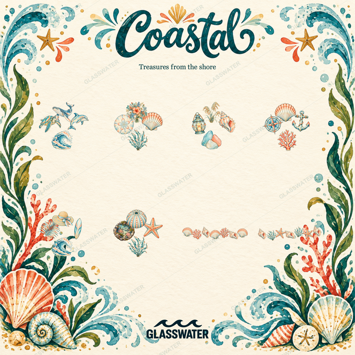 Watercolor Coastal Clipart Bundle — 80 Seaside Illustrations, Borders & Frames