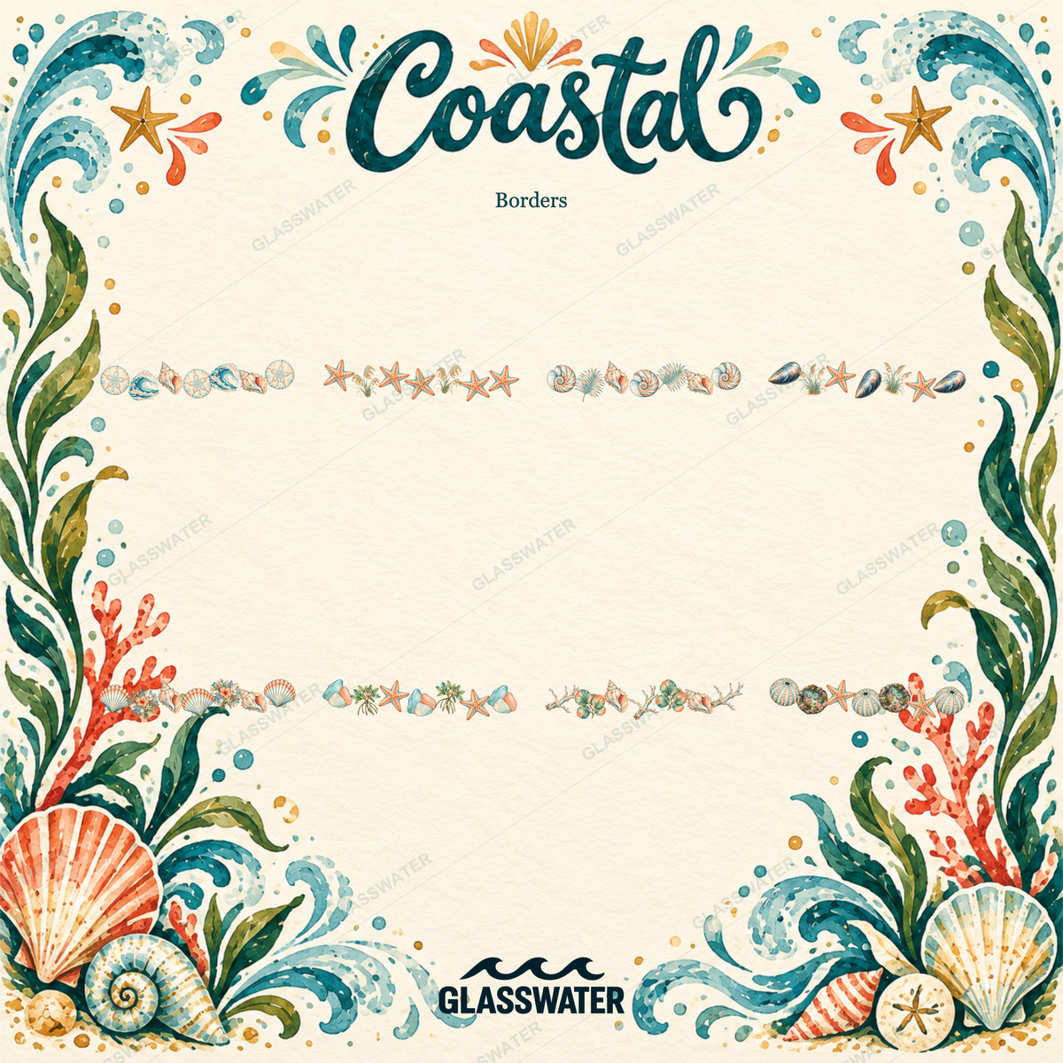 Watercolor Coastal Clipart Bundle — 80 Seaside Illustrations, Borders & Frames