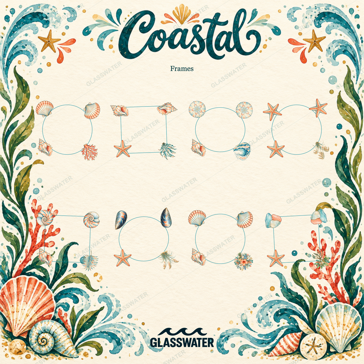 Watercolor Coastal Clipart Bundle — 80 Seaside Illustrations, Borders & Frames