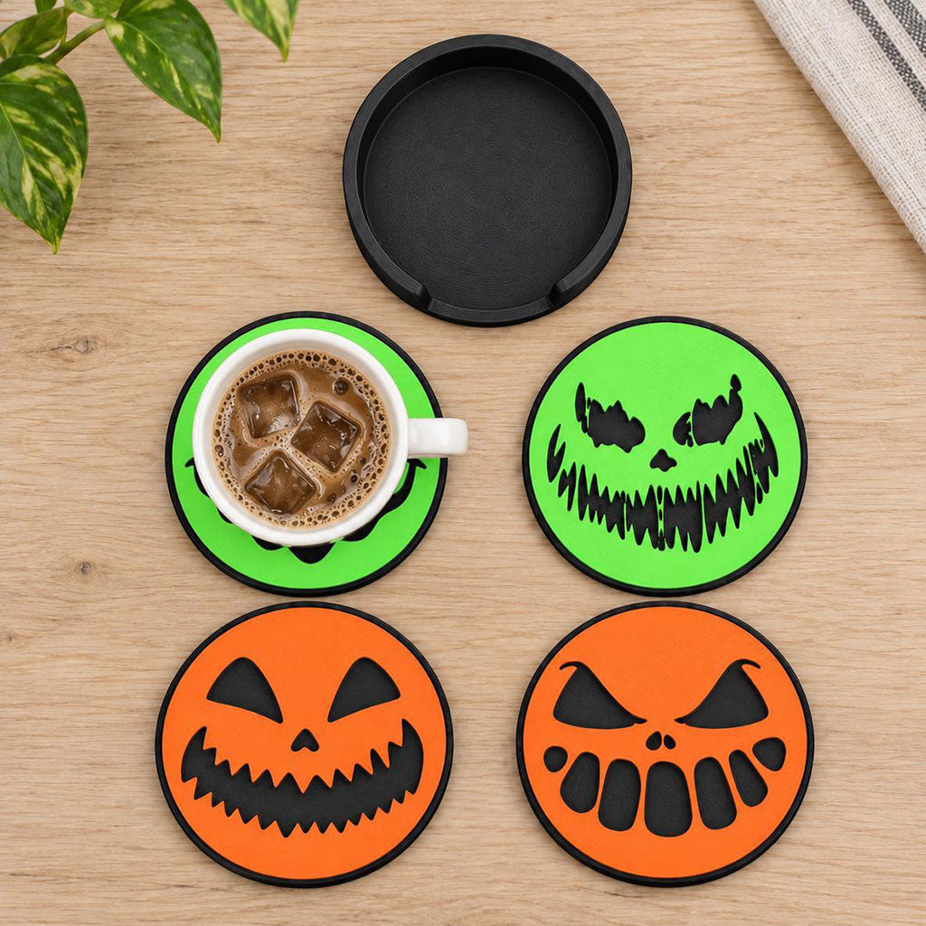 Spooky Jack-o’-Lantern Coaster Set with Holder lifestyle image