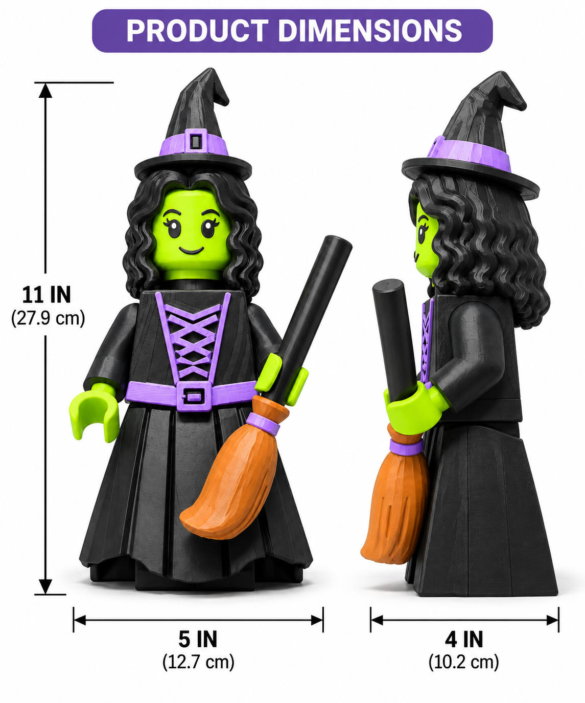 Witch Block Figure | 11” 3D Printed Halloween Decor